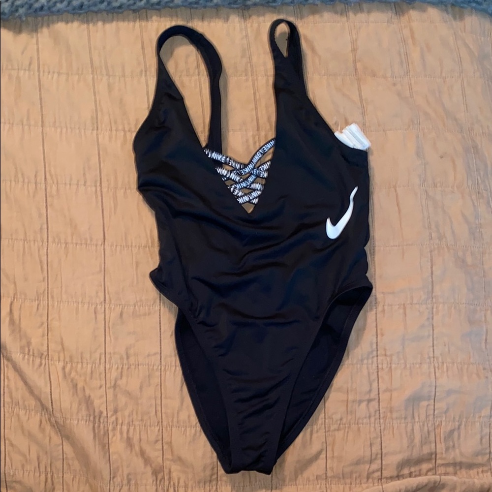 Nike Black and White One-Piece Swimsuit V-Neck